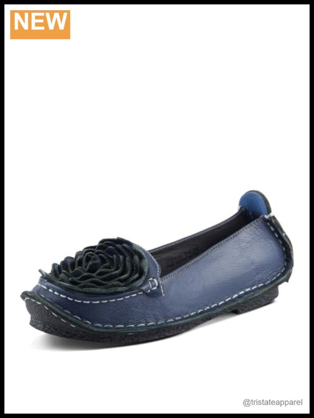 Hand-Painted Leather Ballet Flats with Leather Flower, Round Toe